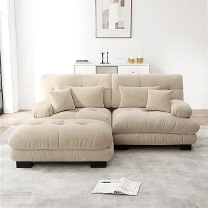 Ecksofa 2-Sitzer aus Chenille-Stoff, mit 4 Kissen, abnehmbarer Hocker, DIY-Kombination, 220x145x81cm, Beige Must-Have
