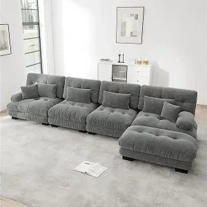 Ecksofa 4-Sitzer aus Chenille-Stoff, mit 6 Kissen, abnehmbarer Hocker, DIY-Kombination, 406x145x81cm, Beige Top-Angebot