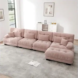 Ecksofa 4-Sitzer aus Chenille-Stoff, mit 6 Kissen, abnehmbarer Hocker, DIY-Kombination, 406x145x81cm, Rosa Beliebt
