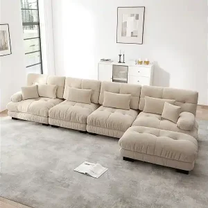 Ecksofa 4-Sitzer aus Chenille-Stoff, mit 6 Kissen, abnehmbarer Hocker, DIY-Kombination, 406x145x81cm, Grau Ausverkauf