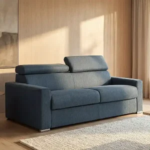3-Sitzer-Schlafsofa Express in blauem Stoff mit Memoryschaum-Sitz - Schlaffläche mit breiten Latten 140 cm - Matratze 14 cm VIZIR Neue Kollektion