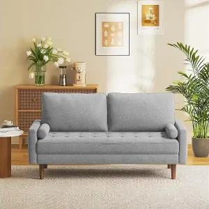 Nur Heute 3 -Seerer -Sofa im grauen Leinenstoff - skandinavisch - mit 2 Kissen und Armlehnen - Massive Holzfüße - 173x77x84cm