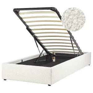 Top-Preis Polsterbett Bouclé weiß mit hochklappbarem Lattenrost 90x200 cm Bettkasten Dinan