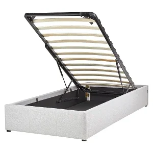 Aktuell Polsterbett helles Grau mit hochklappbarem Lattenrost 90x200cm Bettkasten Dinan