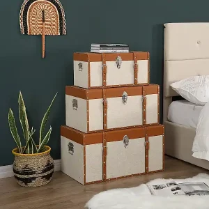 Zertifiziert Koffer zur Aufbewahrung 3er-Set - Tannenholz und MDF - Bezug aus Kunstleder und Stoff - 3 Größen - Braun und Taupe - JACINTO