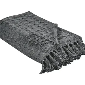 Tagesdecke Baumwolle dunkel grau 200x220 cm strukturiert mit Fransen modern Bere Kracherpreis