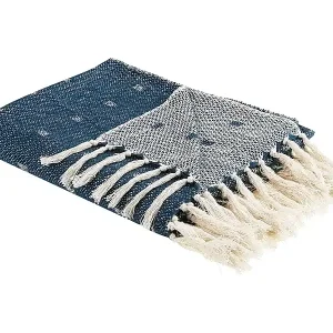 Tagesdecke blau / beige 130 x 170 cm mit Fransen Boho Modern Taari Online Kaufen