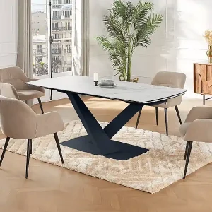 Sonderaktion Esstisch ausziehbar - 6 bis 10 Personen - Sicherheitsglas, Keramik & Metall - Marmor-Optik Weiß & Schwarz - MALATA von Maison Céphy