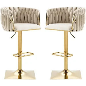 2Pcs Barhocker aus Samt - höhenverstellbar - 360° drehbar - mit Fußstütze - 53x51x87/105cm - Beige Direkt Vom Hersteller
