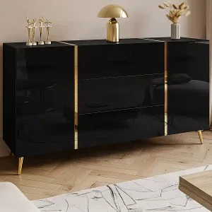 Wochenendangebot Sideboard mit 2 Türen & 3 Schubladen - Schwarz glänzend & Goldfarben - MARZIALO