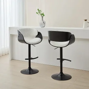 Top-Seller Barhocker 2er-Set höhenverstellbar - Bouclé-Stoff, Eschenfurnier & Metall - Weiß & Schwarz - JELSA