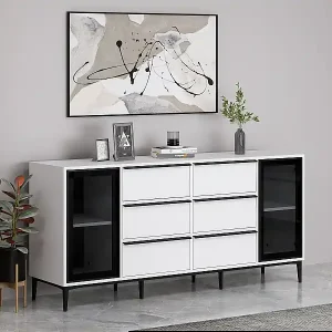 Bestpreis Sideboard mit 2 Türen aus Sicherheitsglas & 6 Schubladen - Weiß & Schwarz - MOLINIA