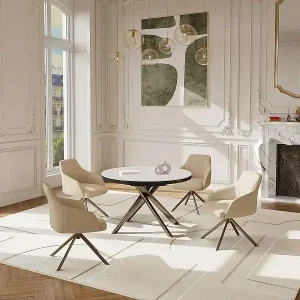 Ausziehbarer Esstisch für 4–6 Personen aus Keramik, MDF & Metall – Weiße & bronzefarbene Marmor-Optik – FEROLA Preisreduziert