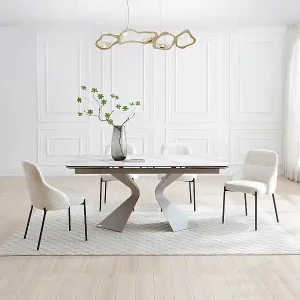 Begrenztes Angebot Esstisch ausziehbar - 6 bis 10 Personen - Sicherheitsglas, Keramik & taupefarbenes Metall - Marmor-Optik Weiß - KAJARI von Maison Céphy