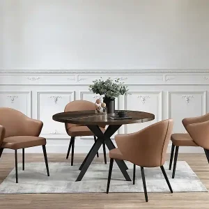 Stuhl mit Armlehnen 6er-Set - Leder & schwarzer Stahl - Camelfarben - MIBELLY von Maison Céphy Expressversand