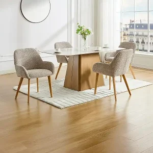 Top-Angebot 6er-Set Stühle mit Armlehnen - Bouclé-Stoff & Kautschukholz - Taupe & helles Naturholz - VALENYO