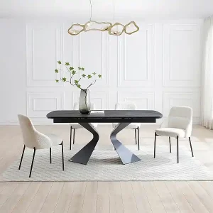 Zertifiziert Esstisch ausziehbar - 6 bis 10 Personen - Sicherheitsglas, Keramik & Metall - Marmor-Optik Schwarz - KAJARI von Maison Céphy