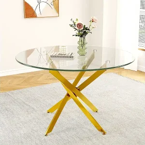 Runder Esstisch 2-4 Personen aus gehärtetem Glas und Goldmetall - max Belastung 100kg - Transparent - 90x90x75cm Must-Have