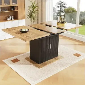 Nur Heute Erweiterbares Esstabelle 6 bis 8 Personen mit einstellbarem Lagerregal, natürlicher und schwarzer MDF, 110/140 x 70 cm