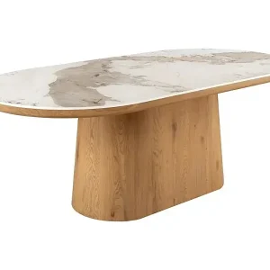 Zertifiziert Esstisch LUMEA – Oval 200 cm – Marmoreffekt in Weiß – Breiter Fuß – Moderner Stil