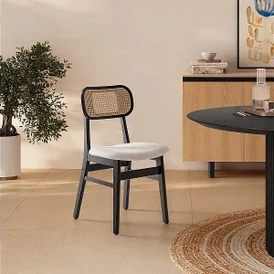 Stuhl-set 2 Boira schwarzen mit Schaffellimitat und synthetischem Rattan Preisreduziert